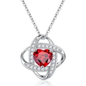 Women Red 925 Sterling Silver Love Knot Gemstone Pendant Necklace